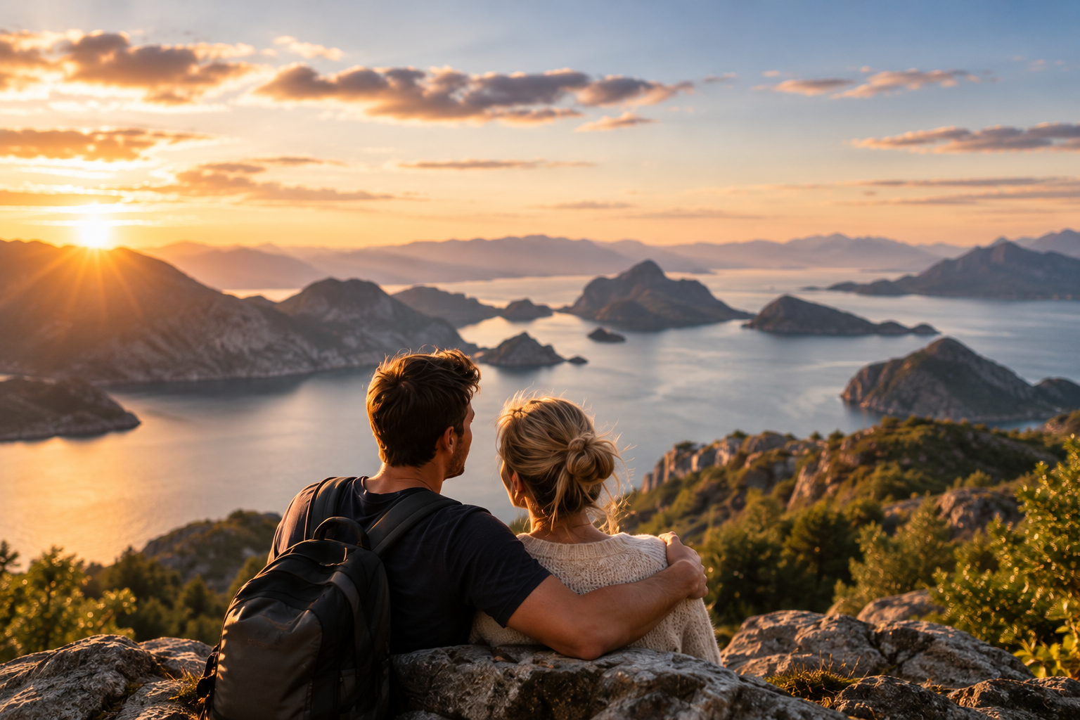 Stel kijkt samen uit over een groot landschap bij zonsondergang