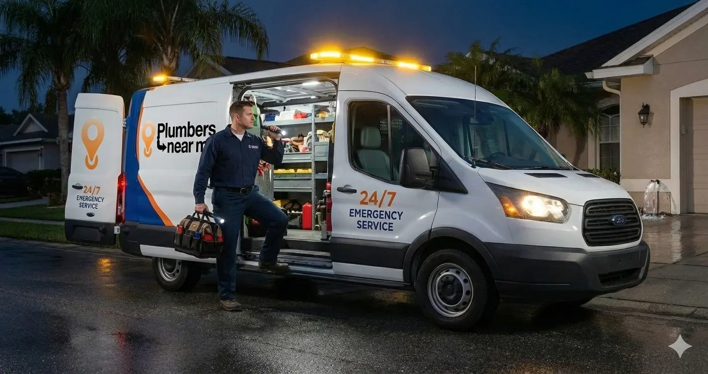 Plumber in uniform holding a toolbox and flashlight, stepping out of a white emergency service van with open side door at night.