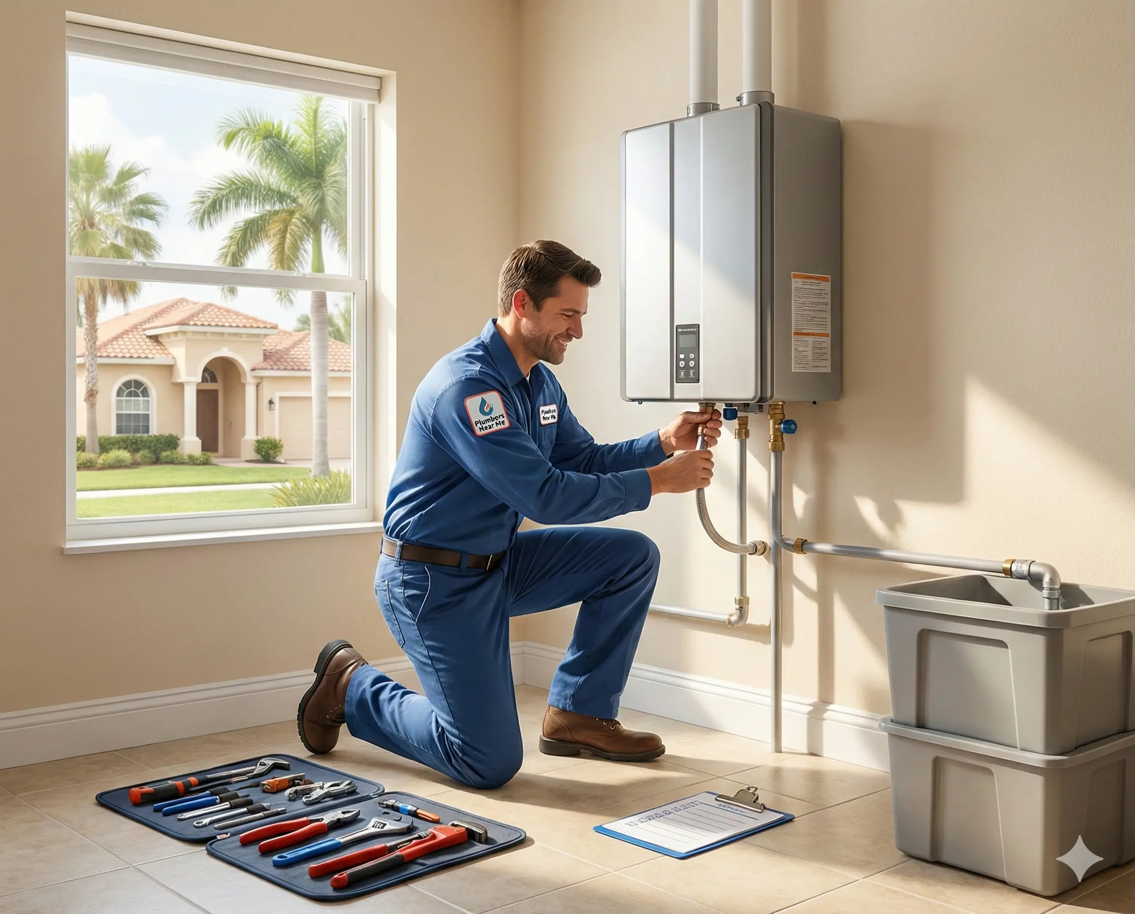 A plumber in blue uniform kneeling while installing or repairing a wall-mounted water heater in a bright room with tools and a clipboard on the floor nearby.
