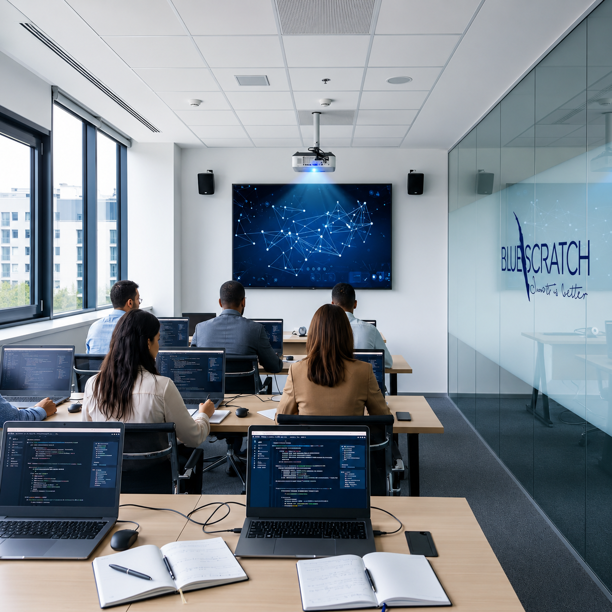 Participants en formation pratique IA sur ordinateurs portables dans une salle Blue Scratch