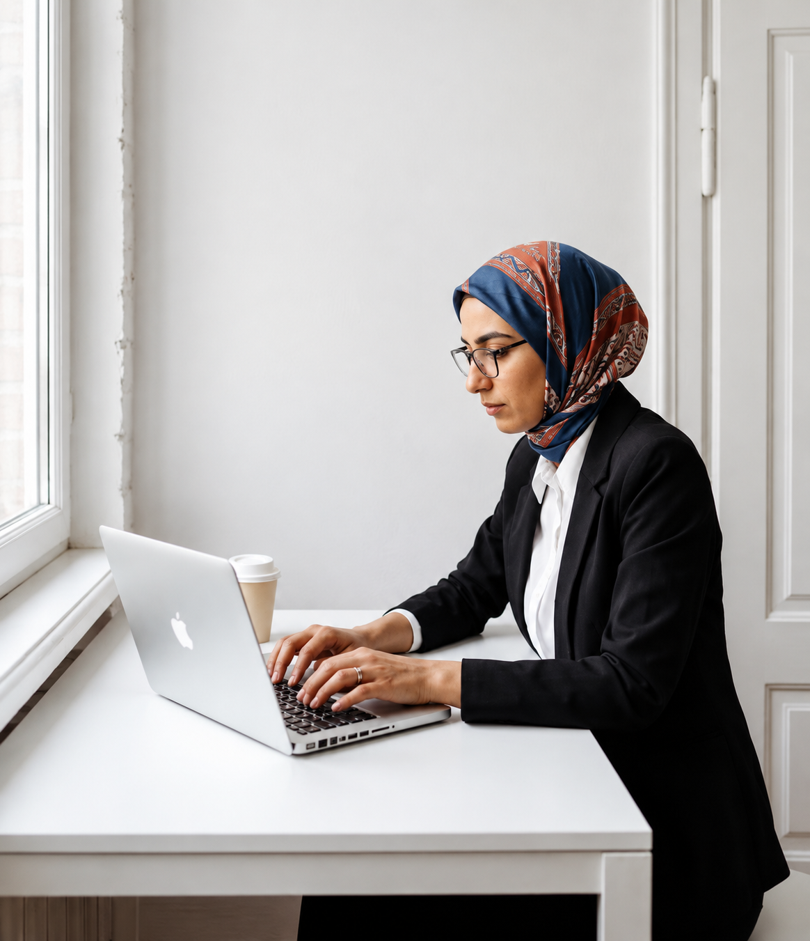 Femme portant un hijab bleu et orange et des lunettes, travaillant sur un ordinateur portable Apple à une table blanche près d'une fenêtre avec un gobelet de café.