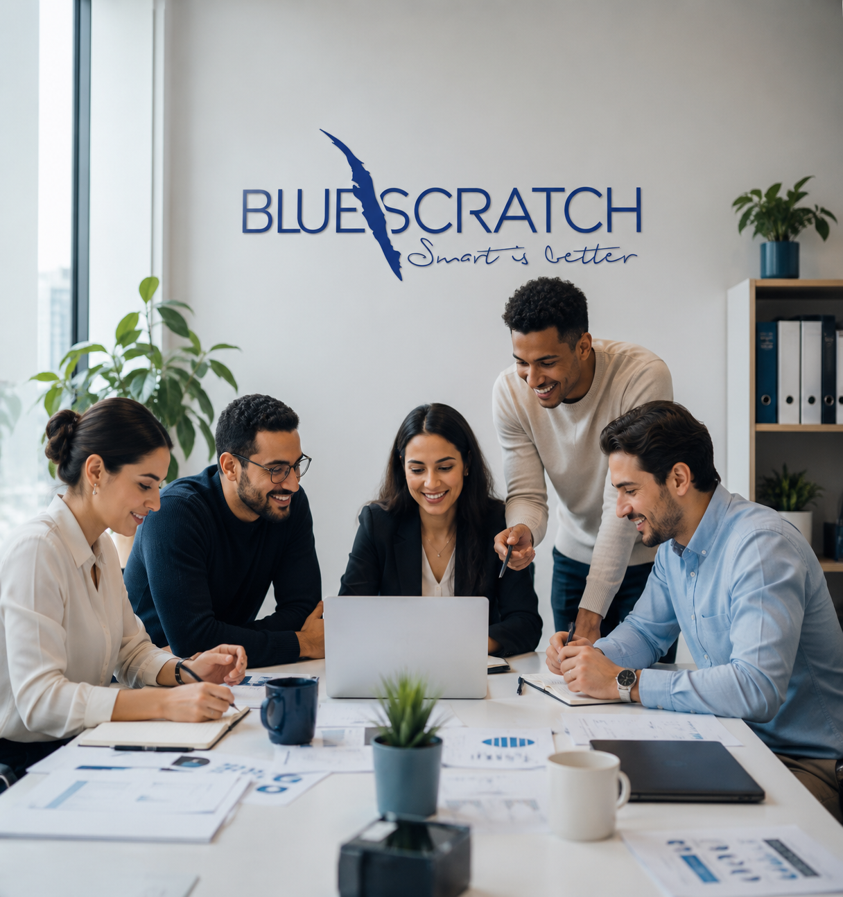 Cinq collègues souriants autour d'une table de réunion avec un ordinateur portable, des documents et des tasses, dans un bureau moderne avec plantes et étagères, sous un logo mur bleu BLEU SCRATCH avec le slogan Smart is better.