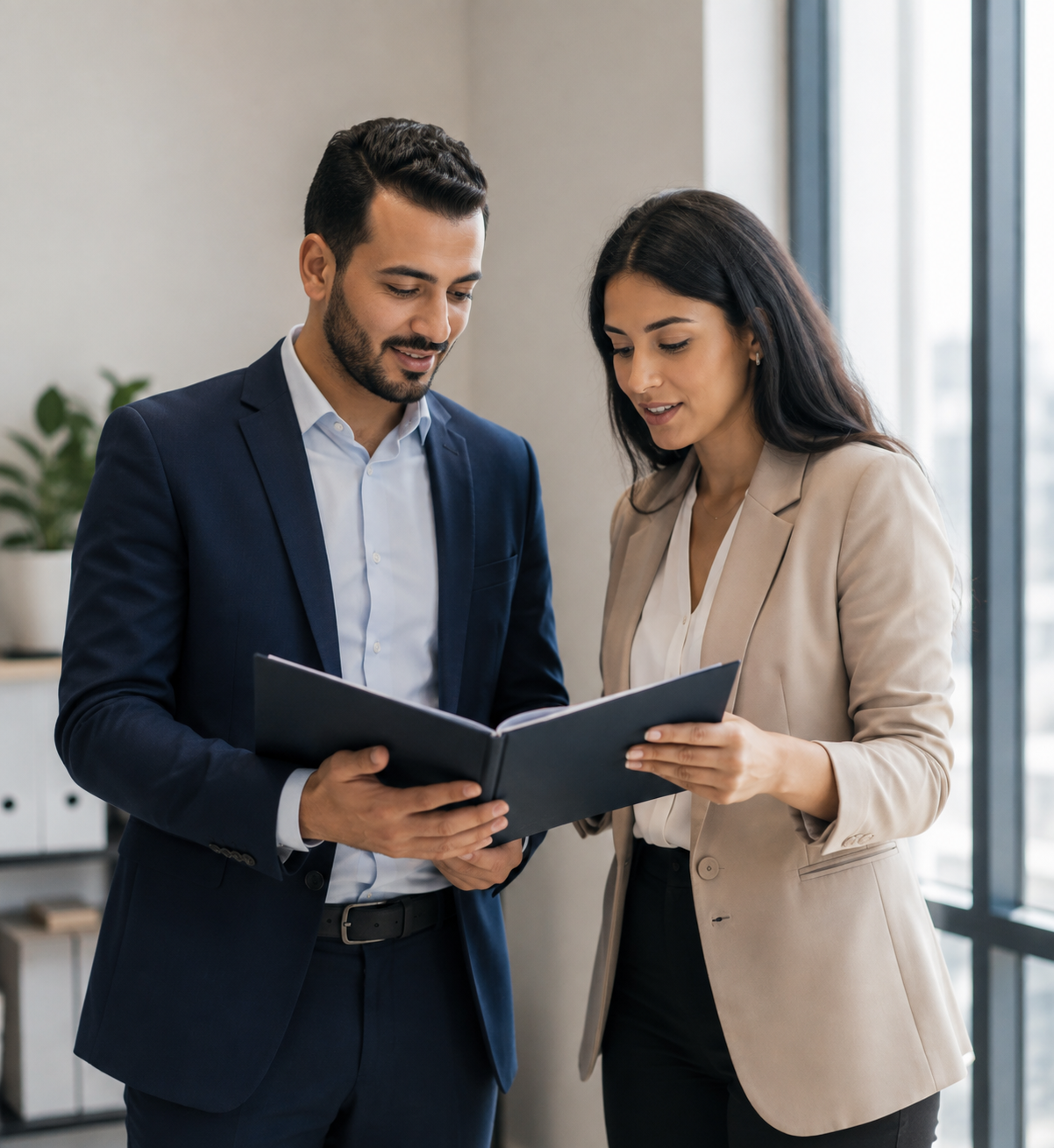 Deux professionnels en tenue formelle, un homme en costume bleu et une femme en blazer beige, consultent ensemble un dossier noir dans un bureau moderne avec une grande fenêtre.