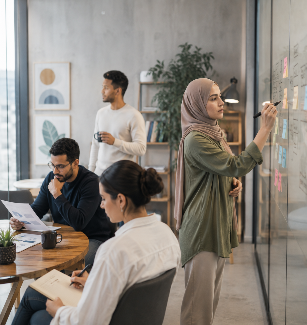 Quatre professionnels travaillant dans un bureau moderne avec mur en verre où une femme portant un hijab écrit sur des notes autocollantes, deux collègues lisent et prennent des notes à une table ronde, et un homme tient une tasse en arrière-plan.
