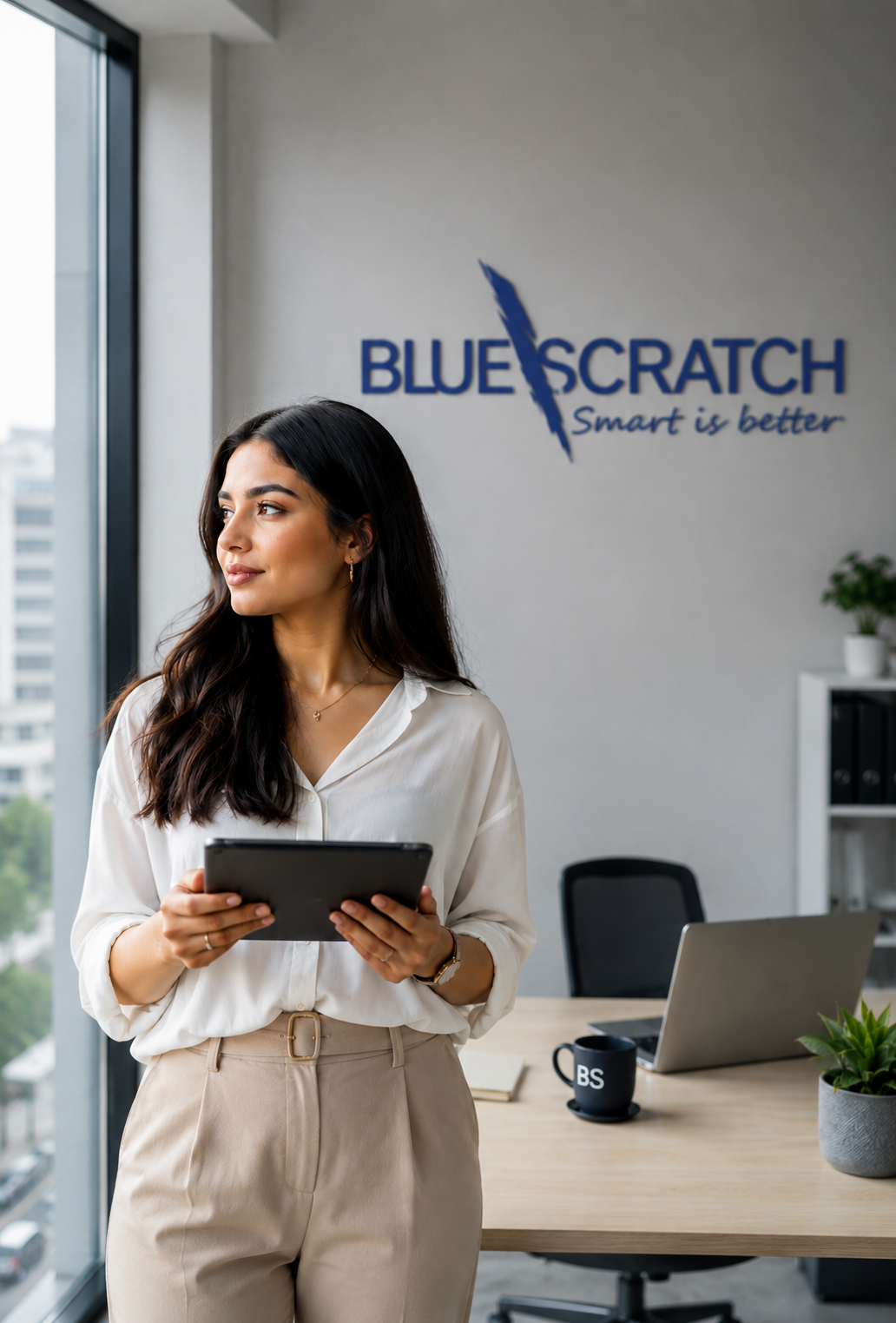 Jeune femme vêtue d'une chemise blanche et d'un pantalon beige tenant une tablette, debout près d'une grande fenêtre dans un bureau moderne avec un ordinateur portable, une plante et une tasse sur une table, avec le logo Blue Scratch et le slogan "Smart is better" en arrière-plan.