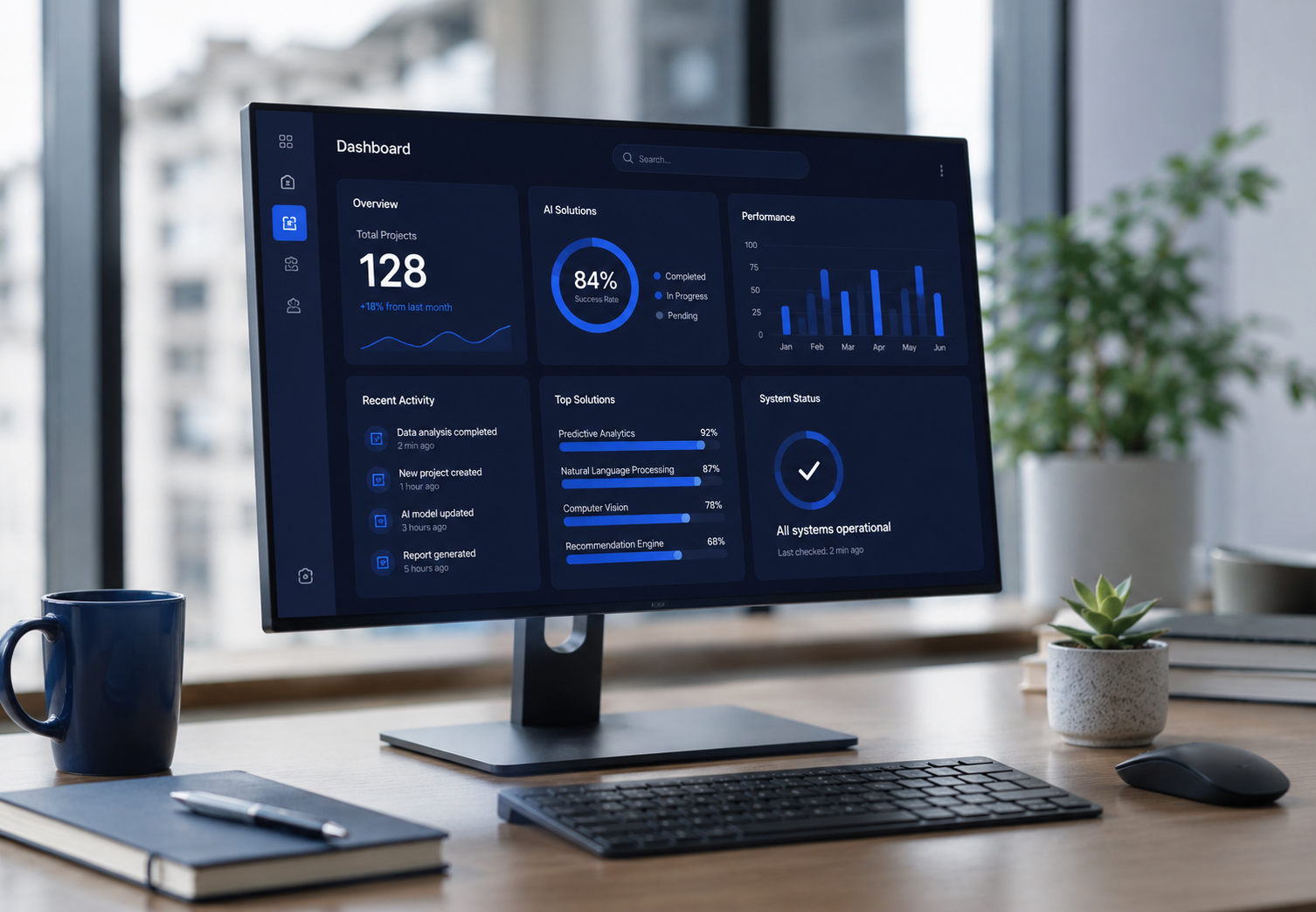 Écran d'ordinateur affichant un tableau de bord sombre avec des statistiques de projets, solutions d'IA, performances, activités récentes, solutions principales et statut du système, sur un bureau avec une tasse bleue, un carnet avec un stylo, un clavier, une souris, une petite plante en pot et des livres, devant une fenêtre lumineuse.