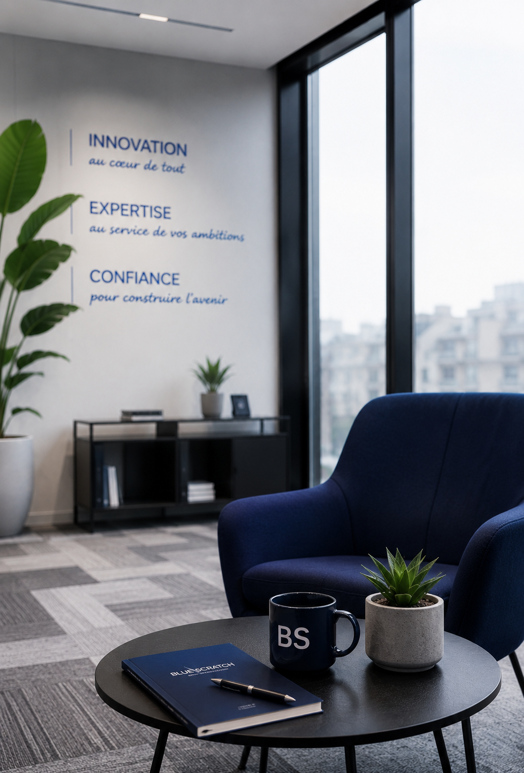 Coin salon moderne avec fauteuil bleu, une table basse avec une tasse bleu marine marquée BS, un cahier Blue Scratch et un stylo, ainsi qu'une plante en pot. En arrière-plan, un mur avec les mots : Innovation au cœur de tout, Expertise au service de vos ambitions, Confiance pour construire l'avenir, une grande plante verte et une commode noire devant une fenêtre donnant sur des bâtiments urbains.