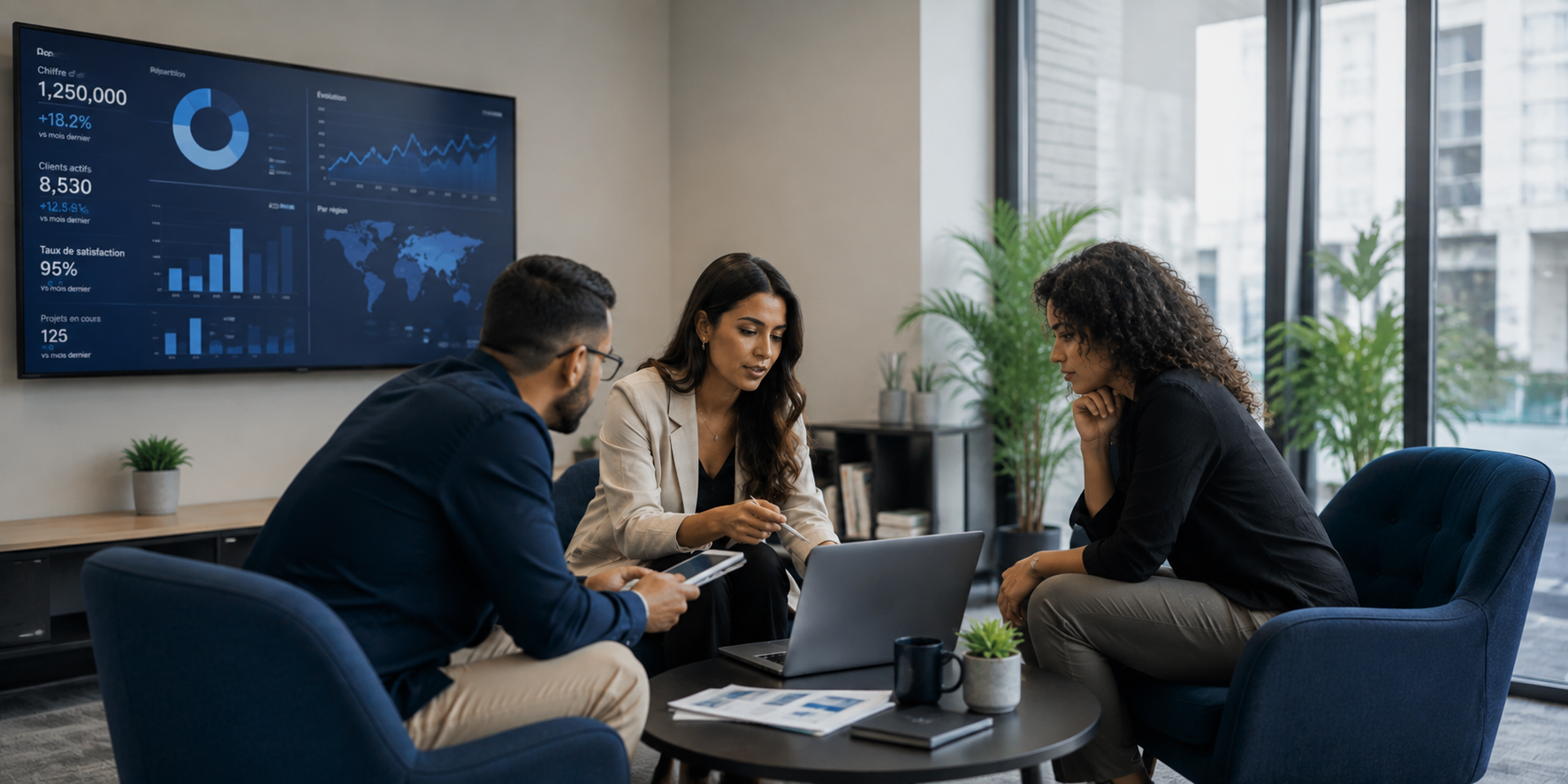 Trois professionnels en réunion dans un bureau moderne, discutant devant un ordinateur portable et un écran mural affichant des graphiques et des statistiques de performance.
