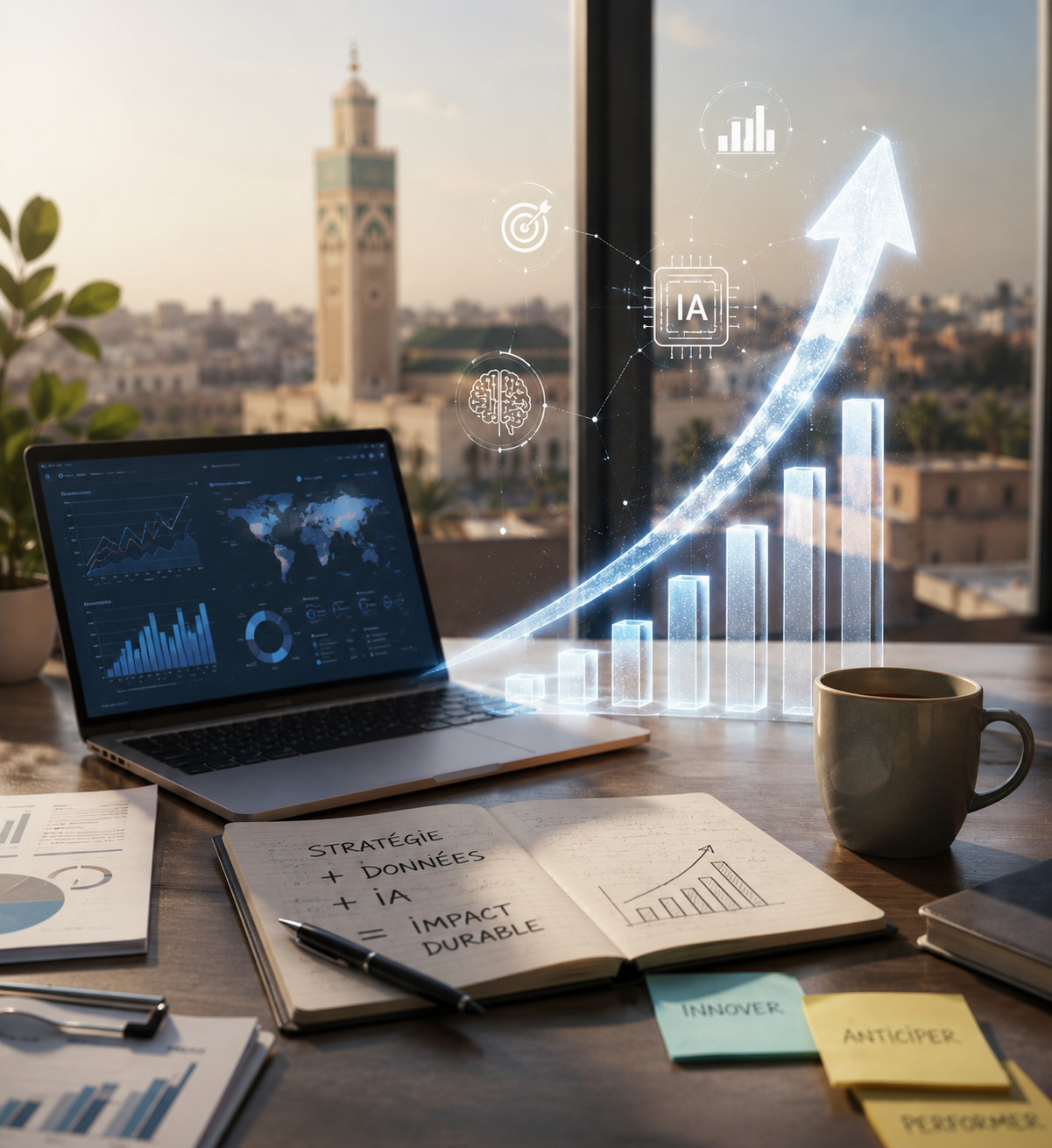 Vue d'un bureau avec un ordinateur portable affichant des graphiques et données, un carnet ouvert avec les mots français « STRATÉGIE + DONNÉES + IA = IMPACT DURABLE » et un graphique croissant, une tasse à café, et un arrière-plan urbain flou avec un bâtiment historique, symbolisant la croissance des affaires grâce à la stratégie, aux données et à l'intelligence artificielle.