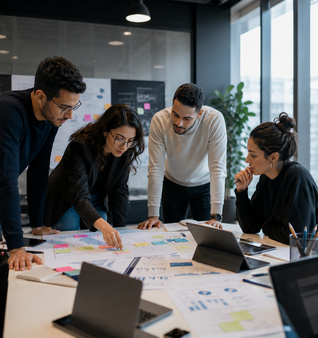 Quatre collègues debout autour d'une table de travail, examinant des plans avec des post-it colorés et des documents, travaillant en collaboration dans un bureau moderne avec des fenêtres et des plantes.