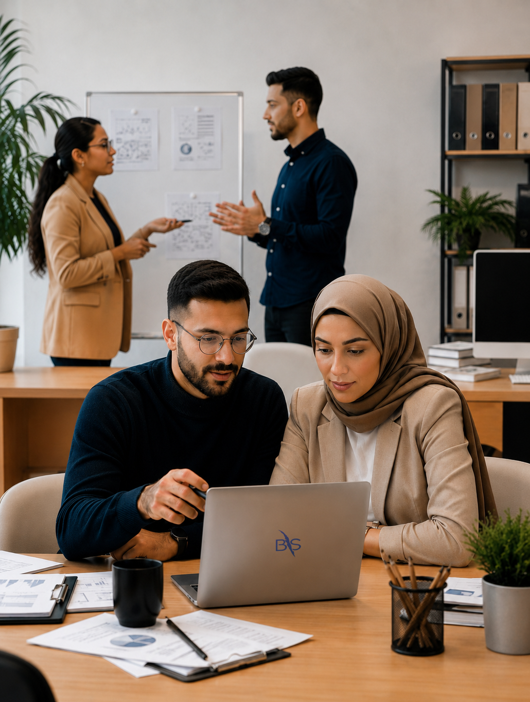 Deux collègues assis à une table de bureau collaborent sur un ordinateur portable, tandis que deux autres discutent devant un tableau blanc avec des graphiques en arrière-plan.
