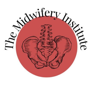 Logo of The Midwifery Institute featuring a detailed human pelvic bone illustration on a red circle background.