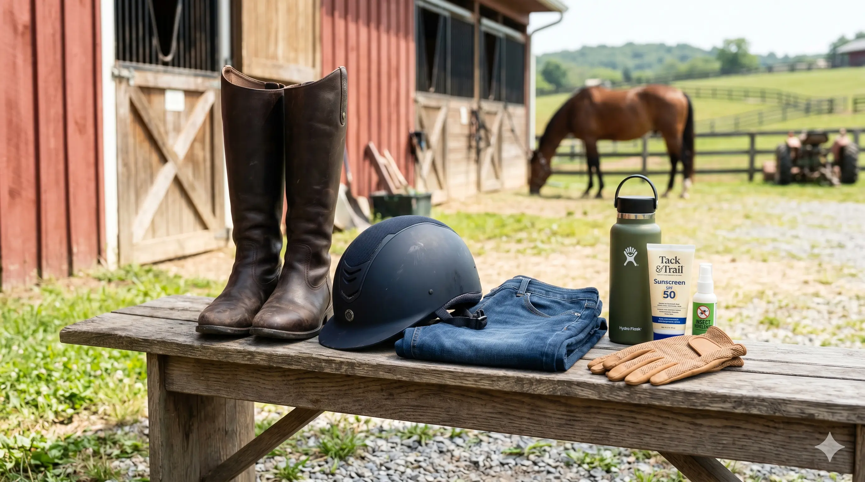 Essential items for first horseback ride checklist including helmet and boots