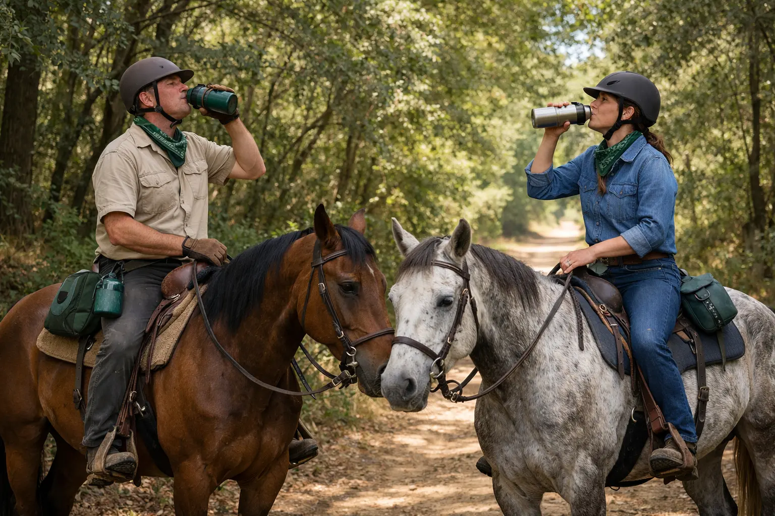 Rider practicing horseback trail riding while descending a forest trail.
