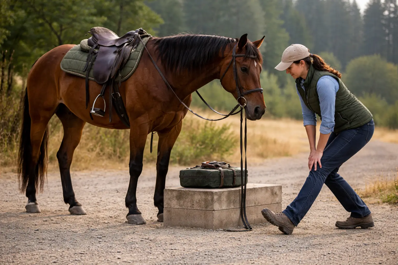 Woman doing wall sit exercise to improve horseback trail riding strength.