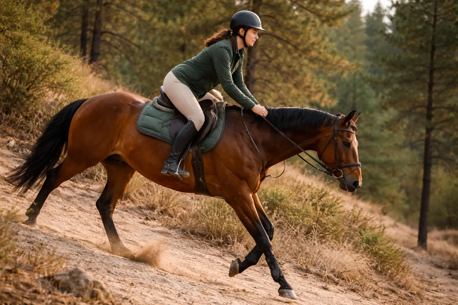 Rider stretching before horseback trail riding next to her horse.