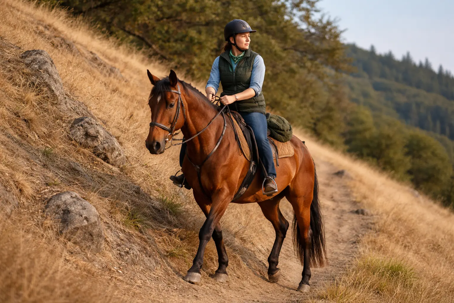 Riders taking a water break during a horseback trail riding trip.