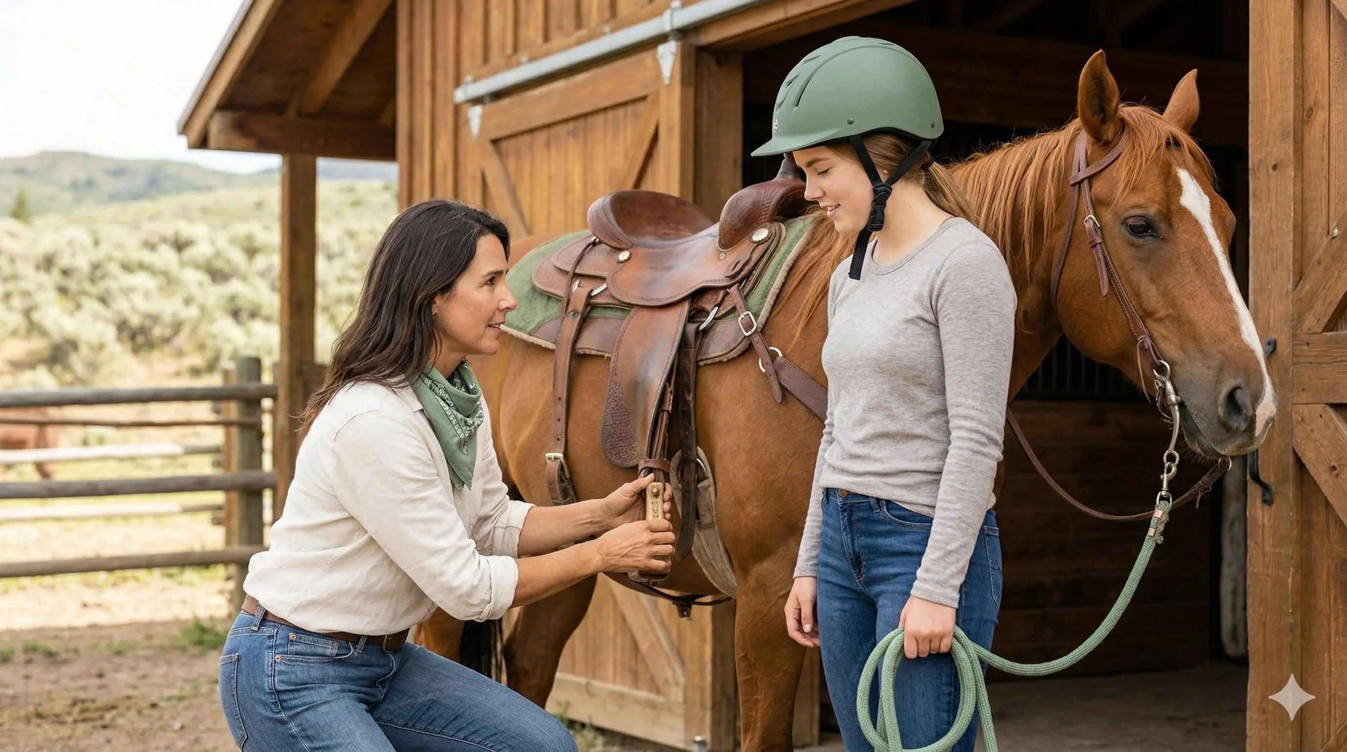 Rider learning horse safety tips and adjusting saddle