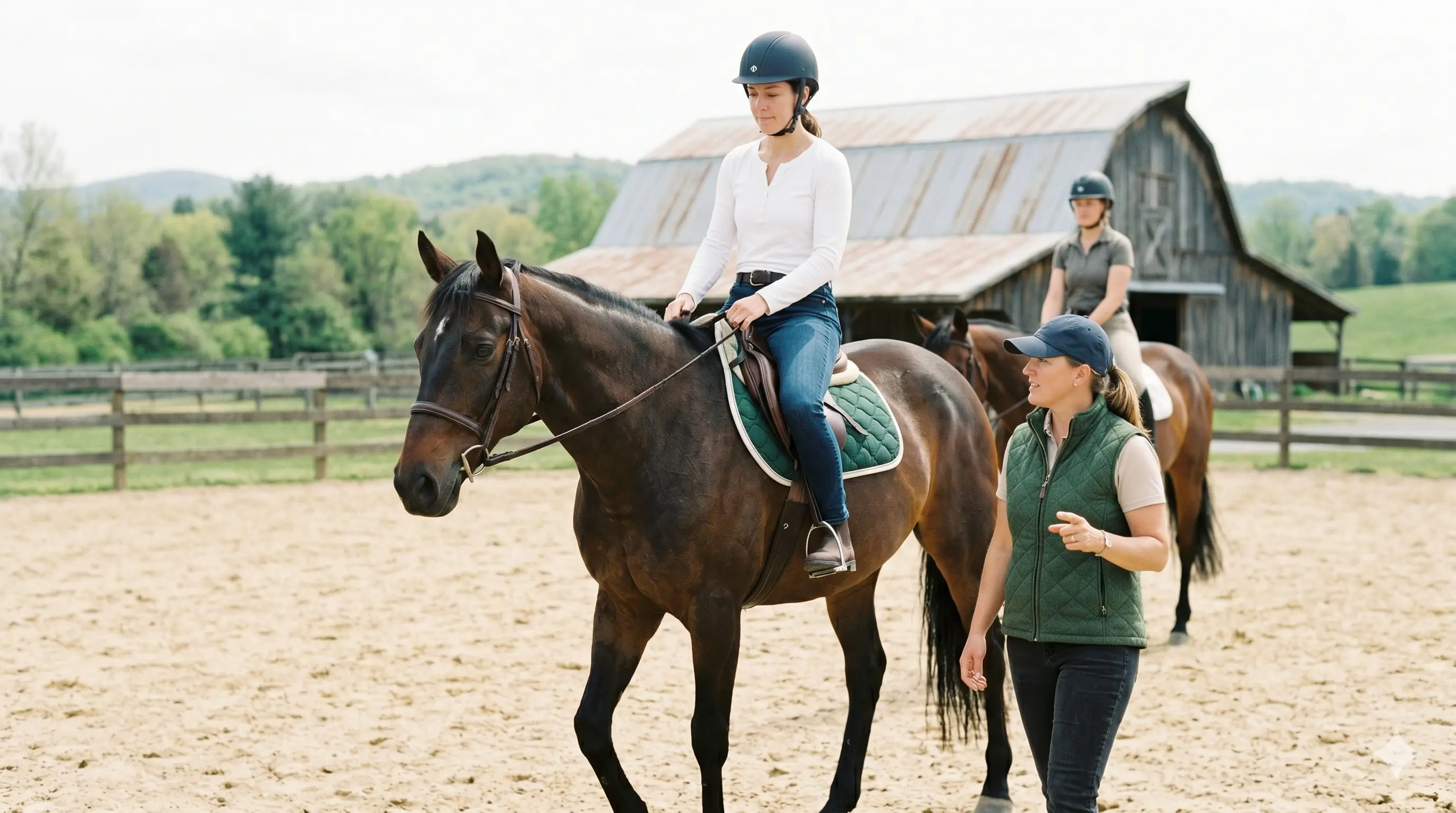 Student riding horse under guidance during a beginner lesson