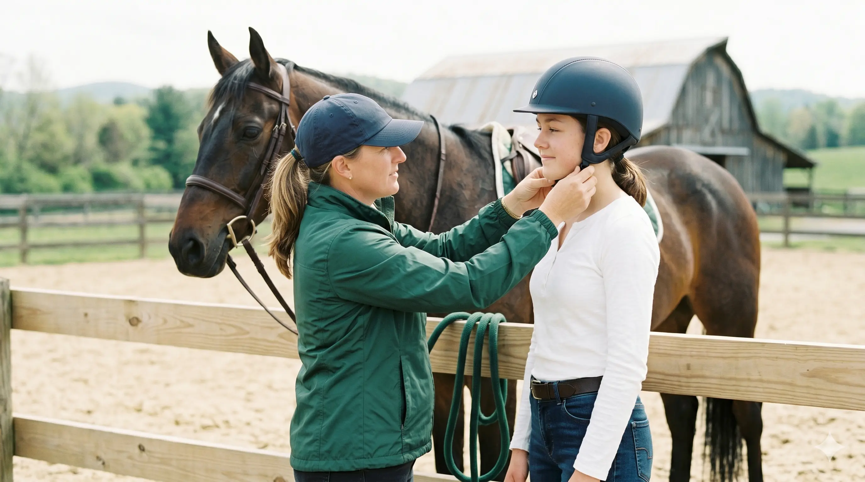 Instructor adjusting helmet for student before riding lesson