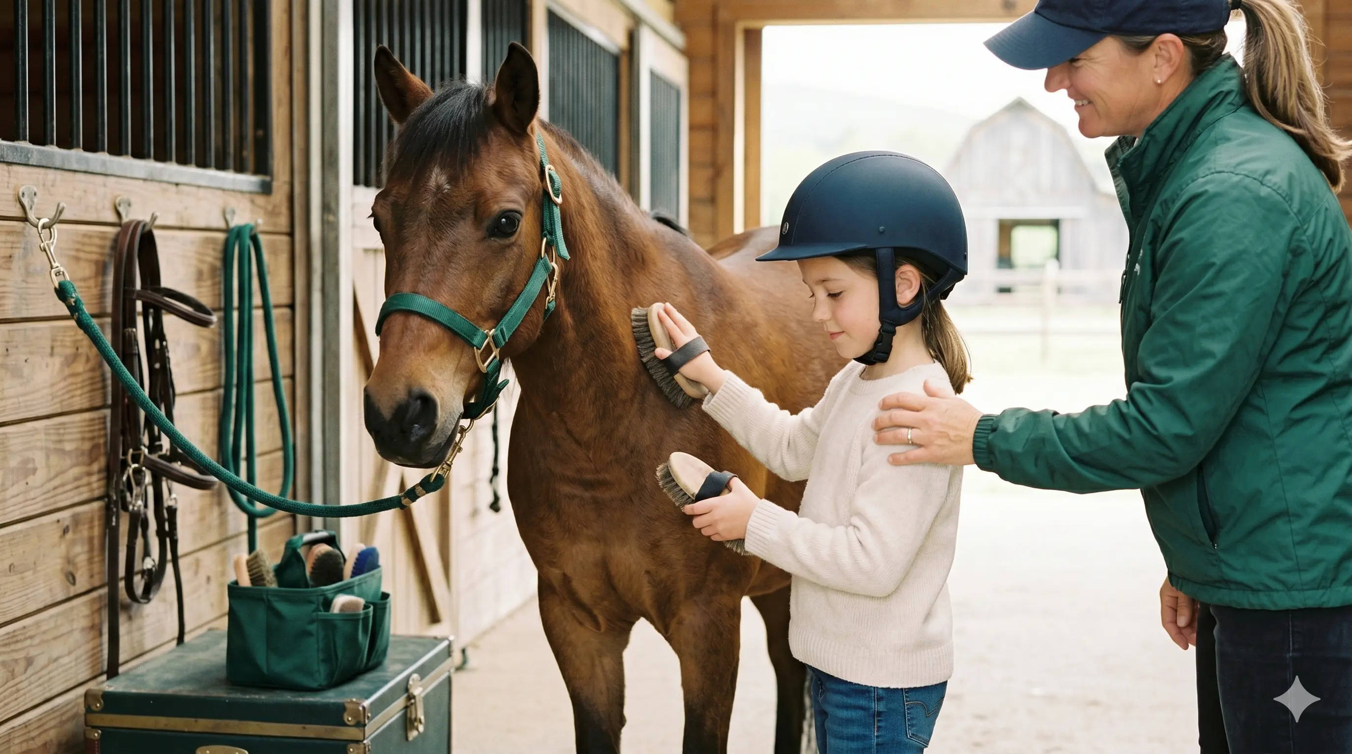 Child grooming pony with instructor guidance at the stable