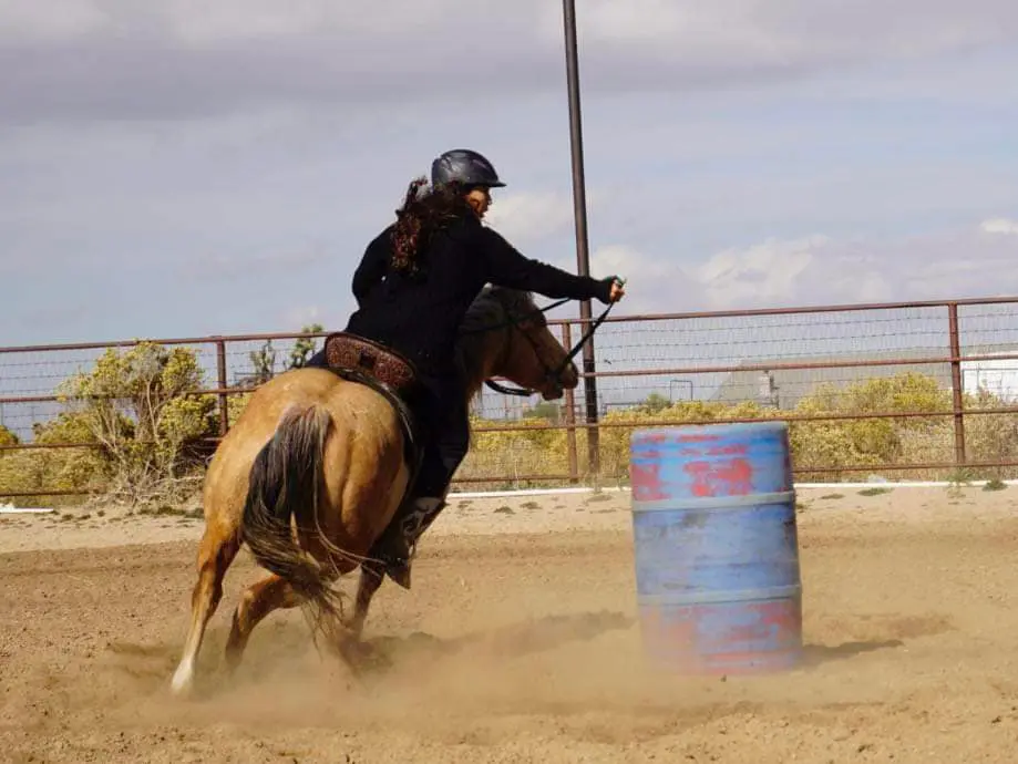 Beginner in western horseback riding lesson turning barrel