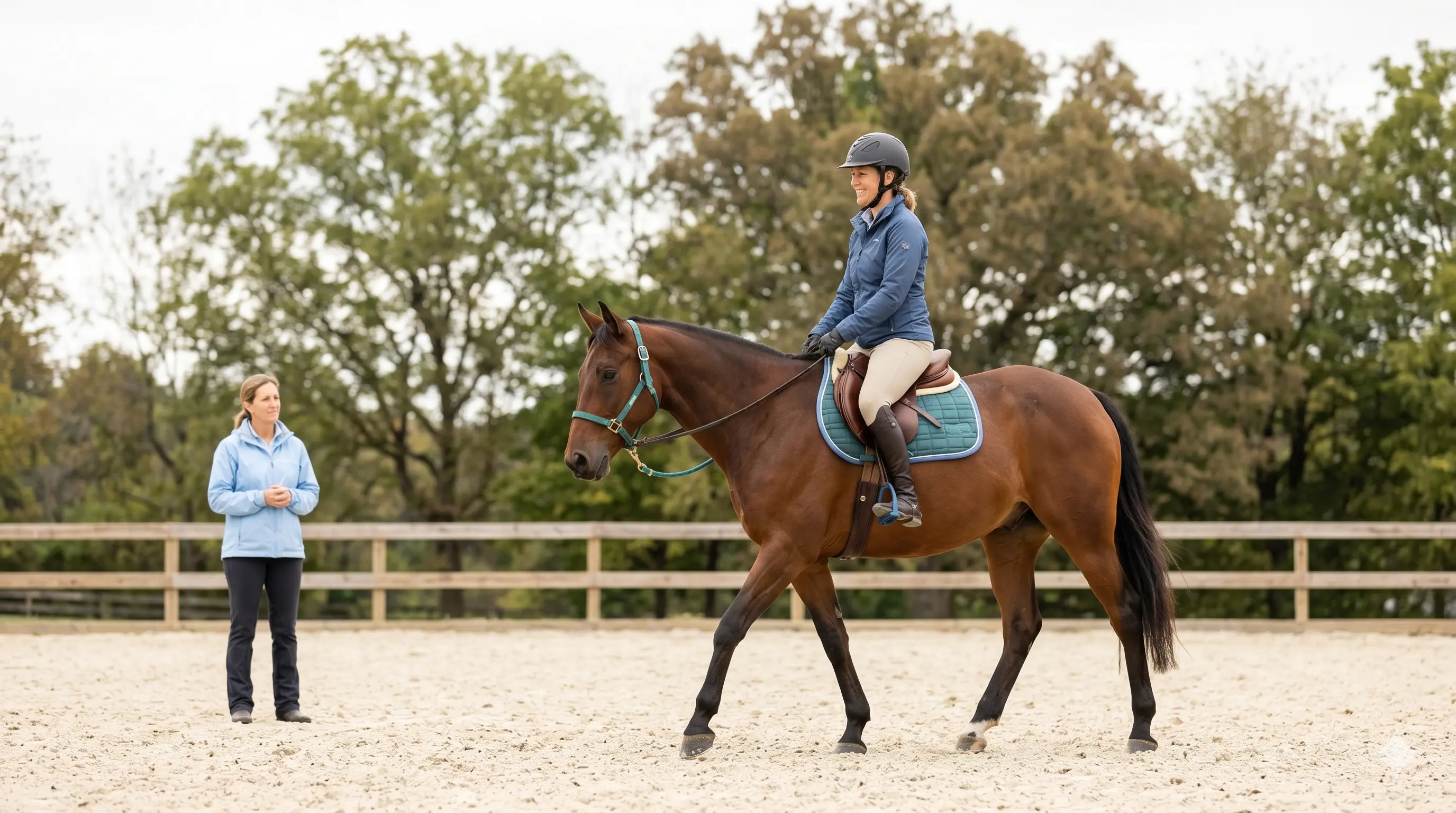 Adult riding a horse during a lesson