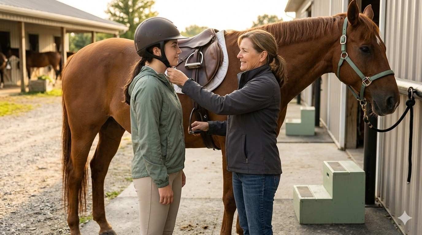 Instructor helping rider with helmet at stable for trail ride