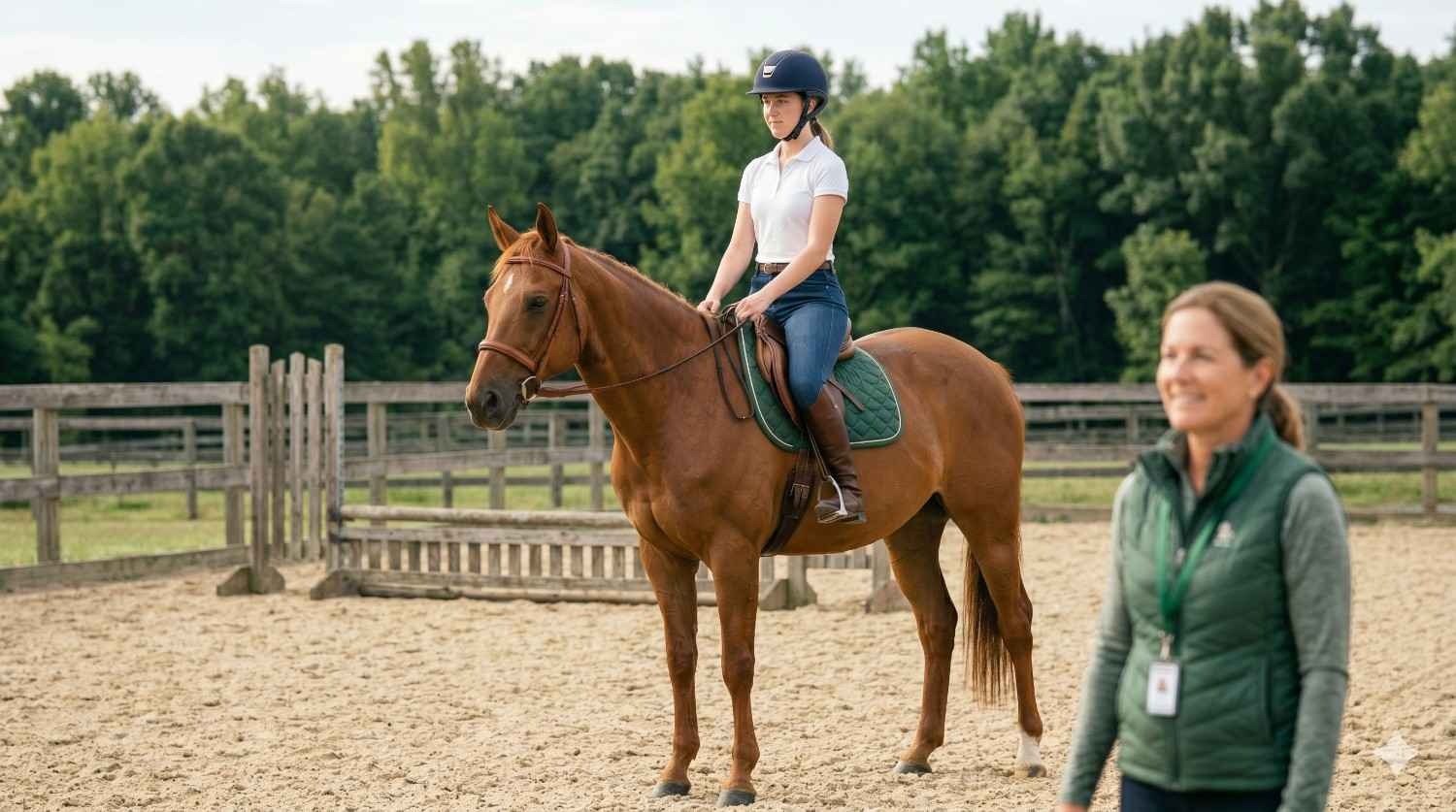 Beginner rider sitting on horseback in a lesson