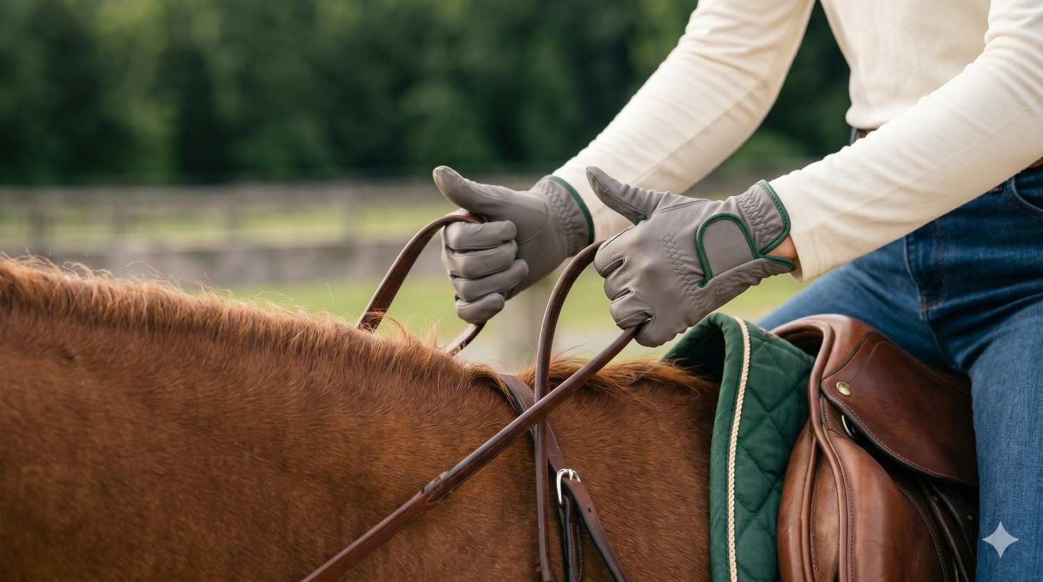 Close-up of reins held by a rider in a horseback riding lesson
