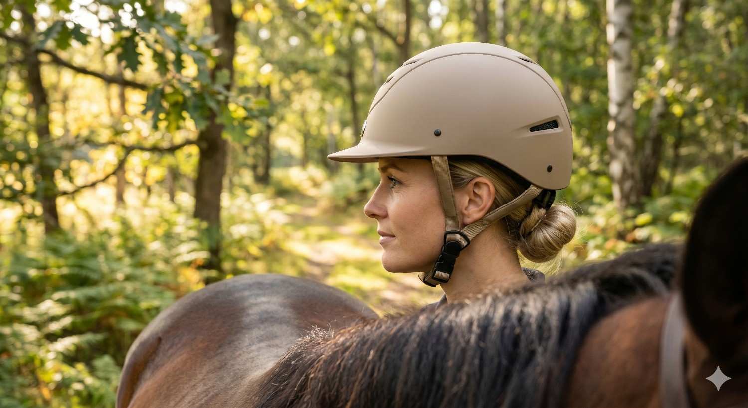 Rider with helmet in forest during trail ride