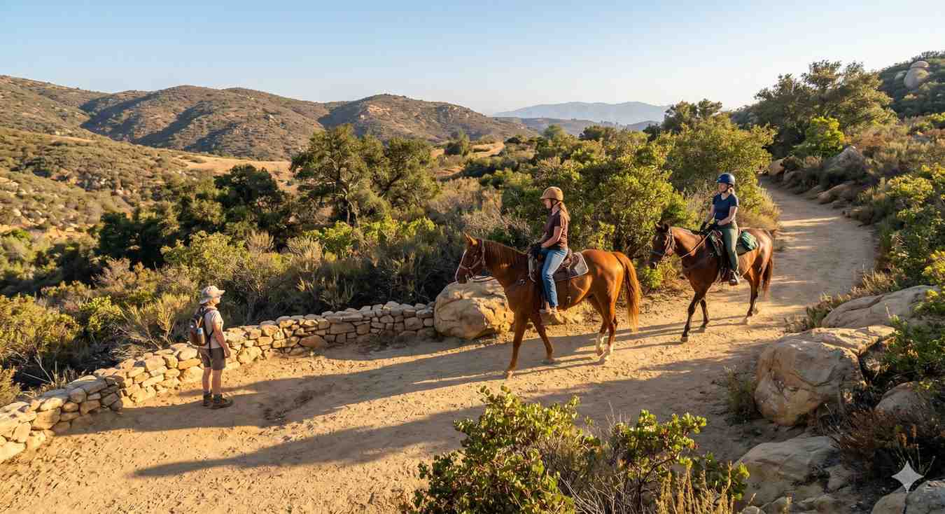 Horseback riders on mountain trail passing a hiker