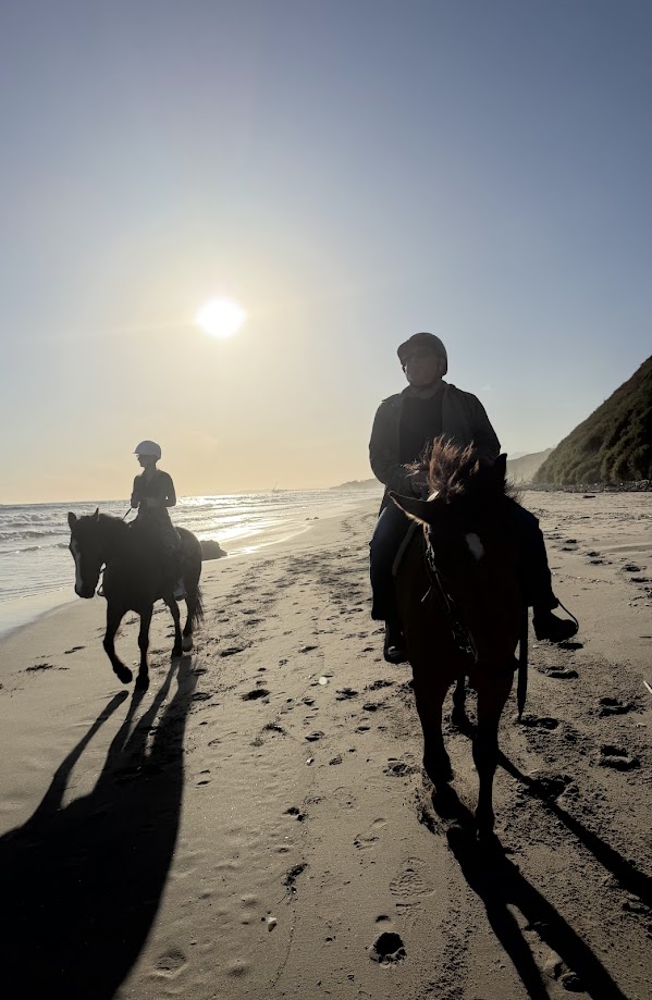 Group of horseback riders on beach at golden hour with coastal mountains in background