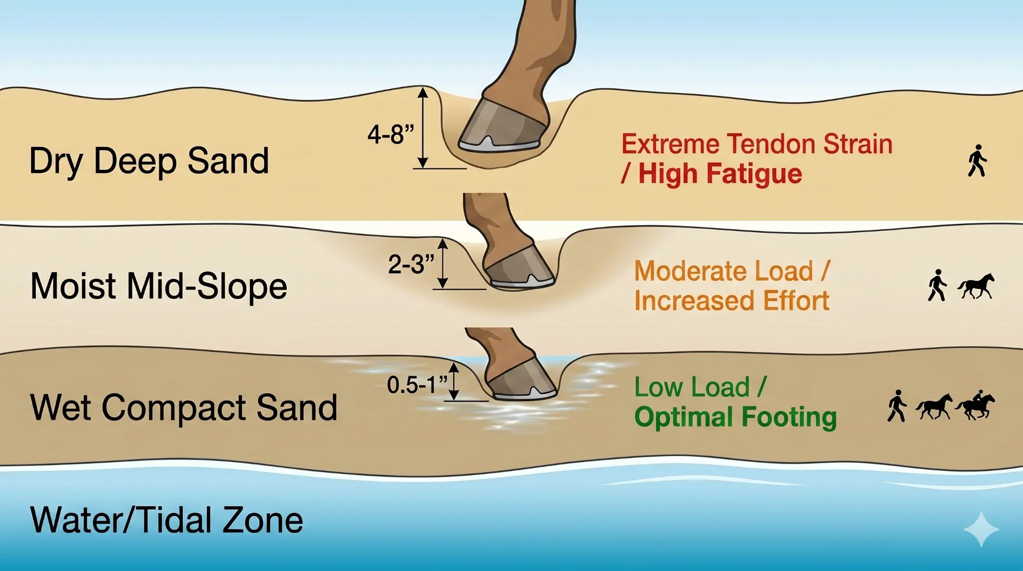 Cross-section diagram showing sand footing zones with hoof sink depths and biomechanical impacts from dry deep sand to wet compact sand