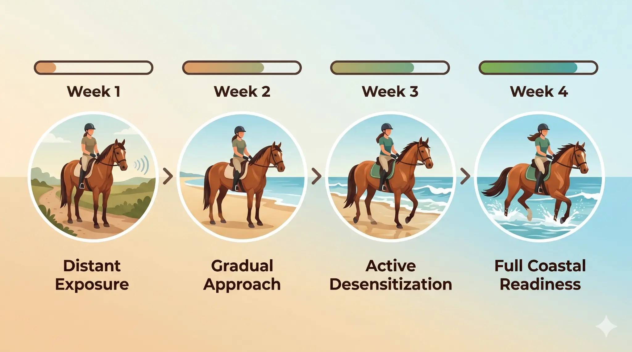 4-week conditioning timeline showing progression from distant exposure to full coastal readiness with visual stages