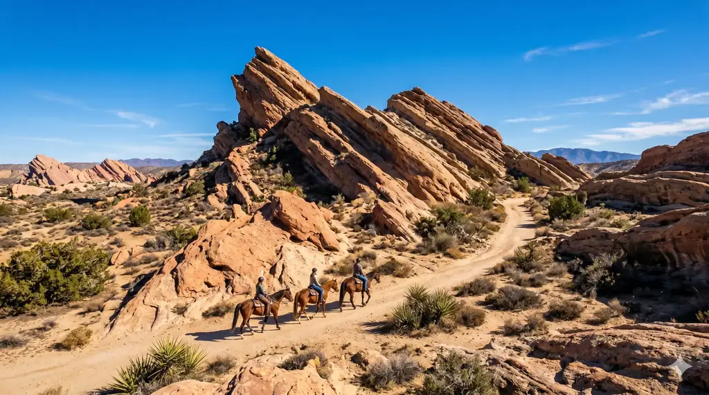 Couple horseback riding through the dramatic sandstone formations of Vasquez Rocks in Southern California