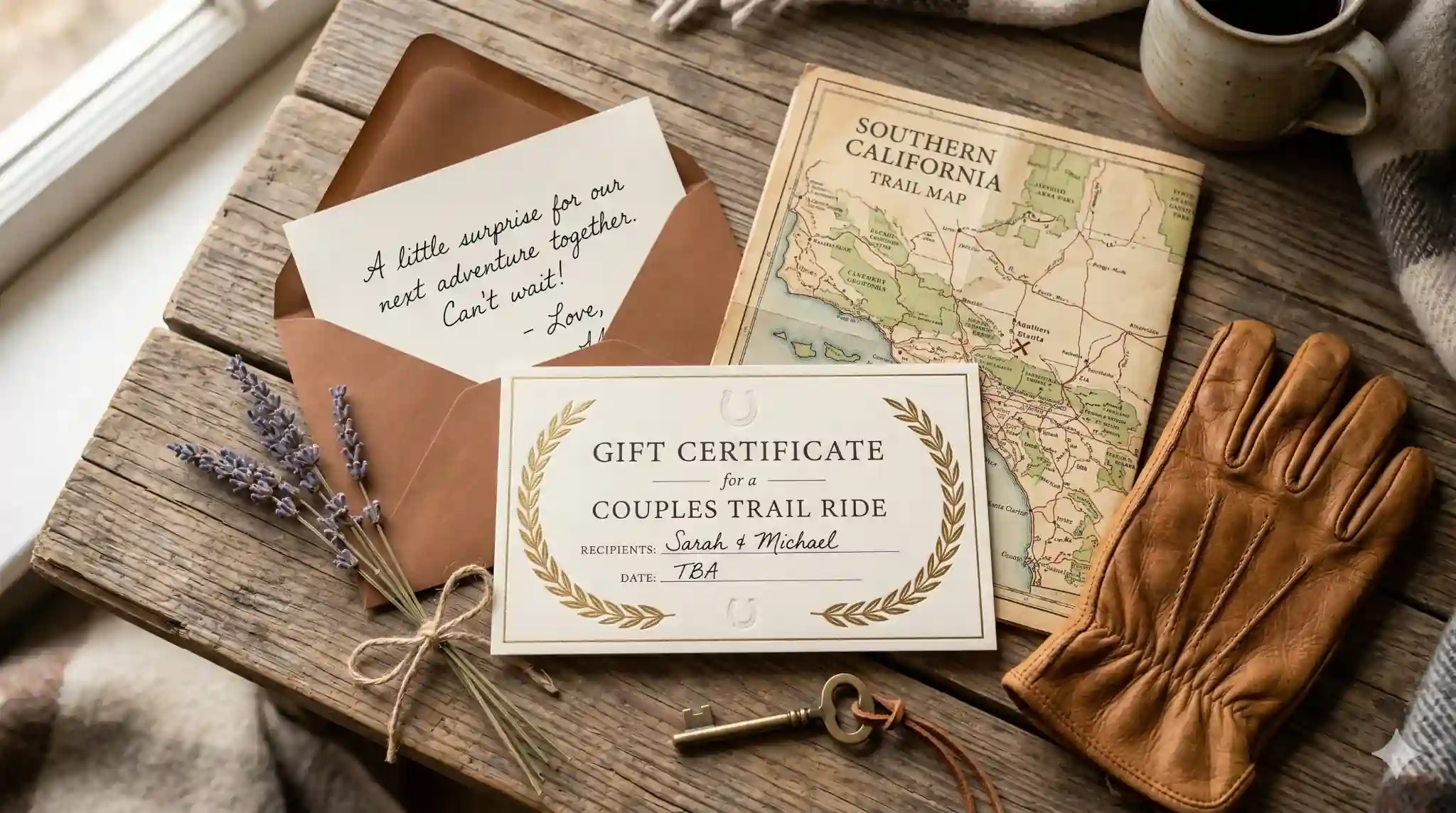 Beautifully presented couples trail ride gift certificate with a handwritten note and vintage Southern California trail map