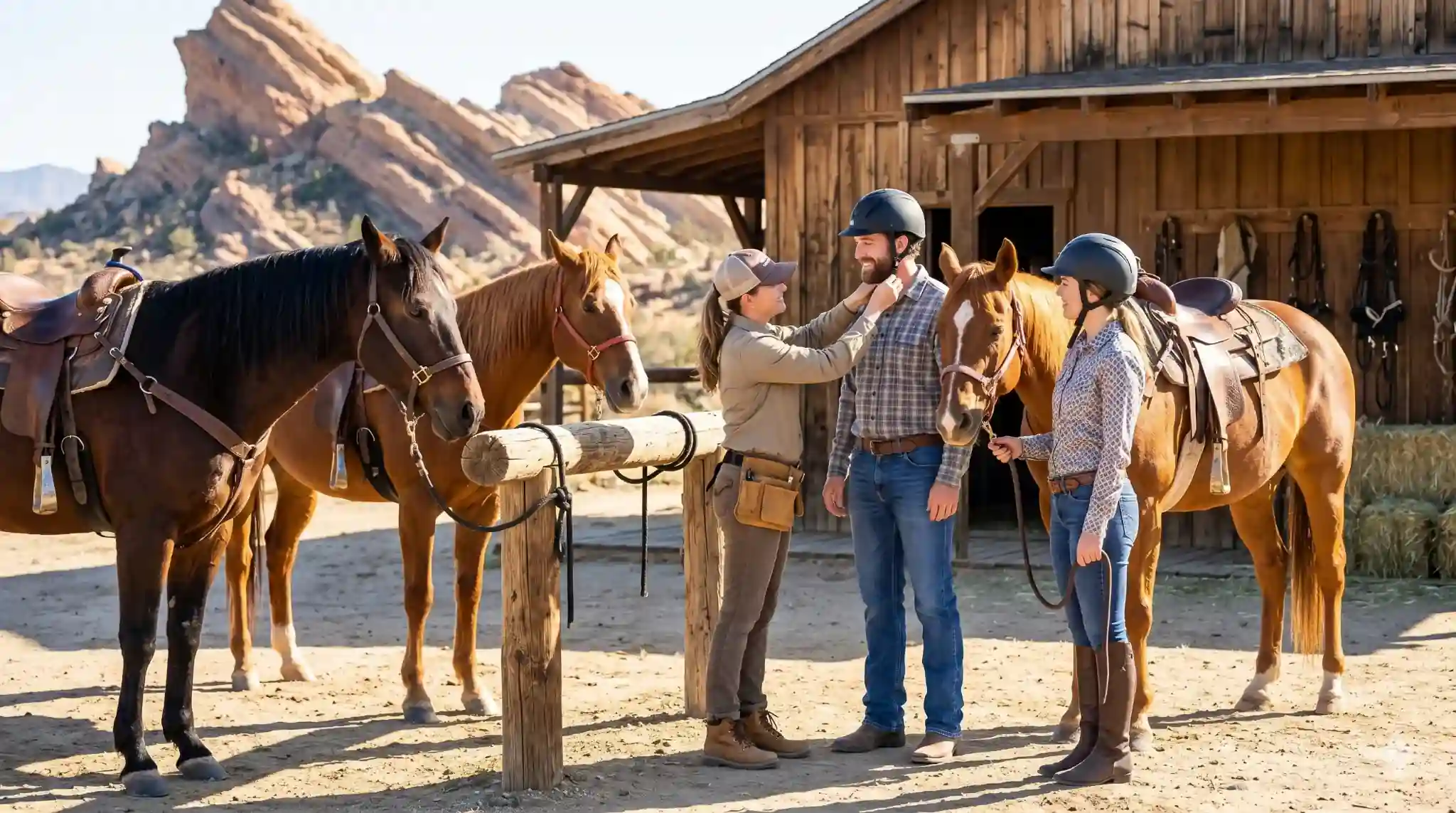 Wrangler helping a couple fit their horseback riding helmets safely at Second Chance Ranch
