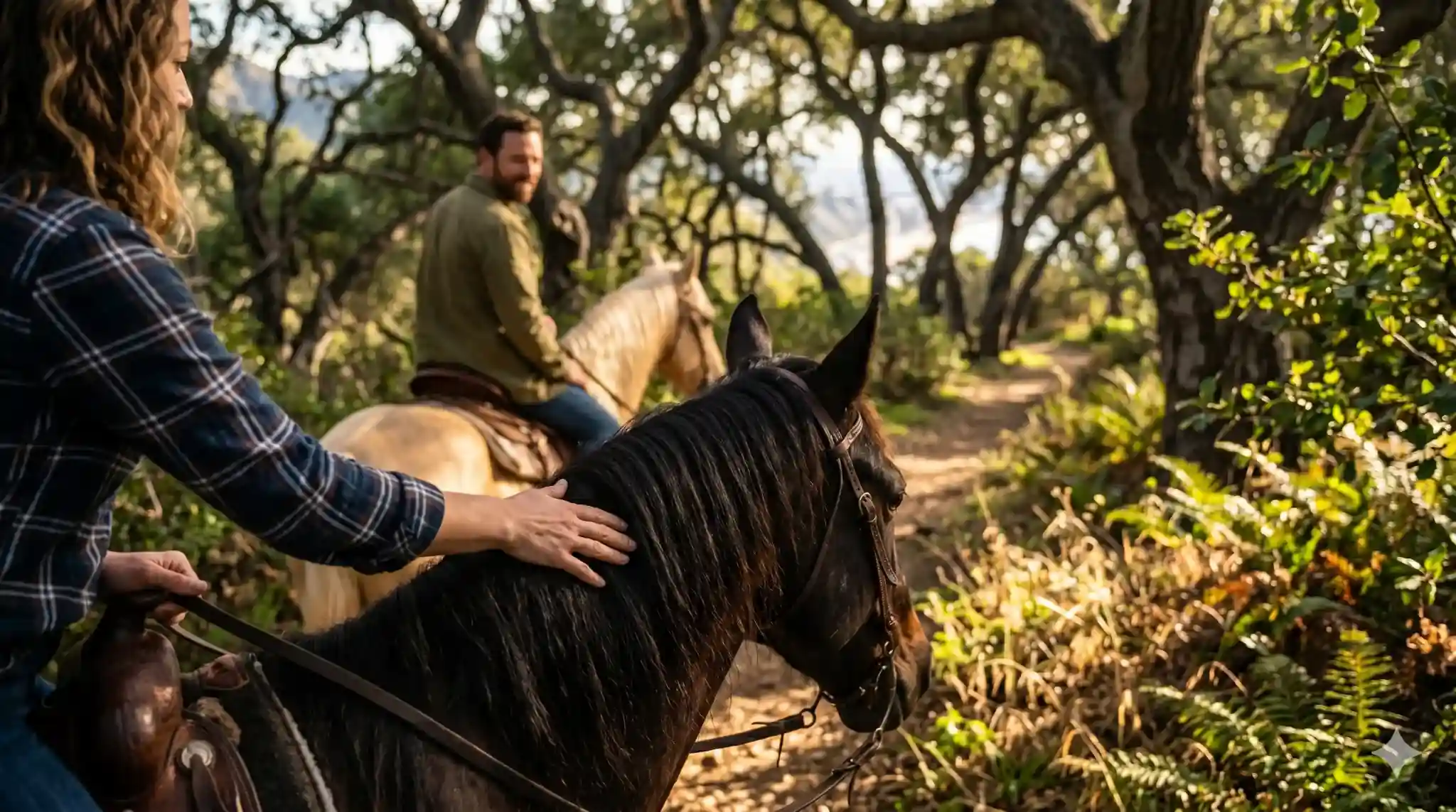 Intimate moment of a couple connecting with their horse in a shaded oak woodland trail near Los Angeles
