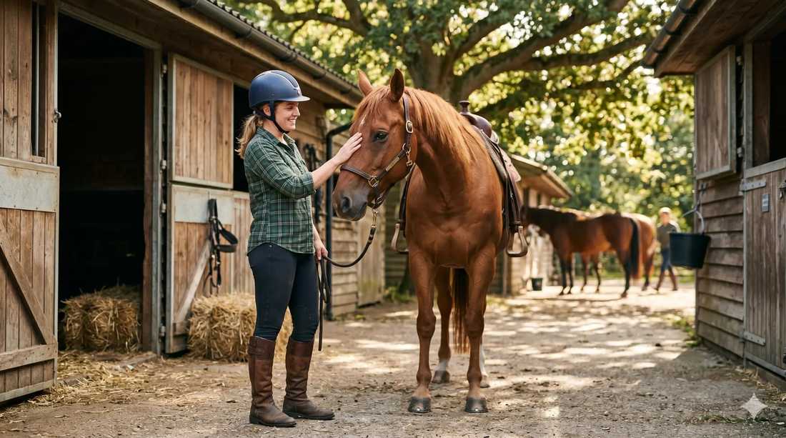 Beginner rider bonding with chestnut horse at stable before guided trail ride