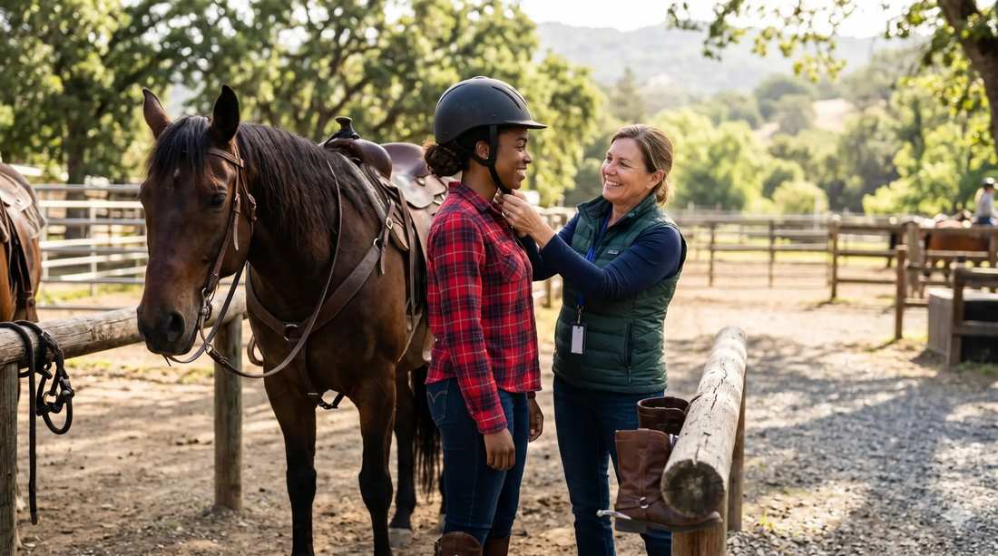 Trail guide fitting safety helmet on rider before horseback trail ride
