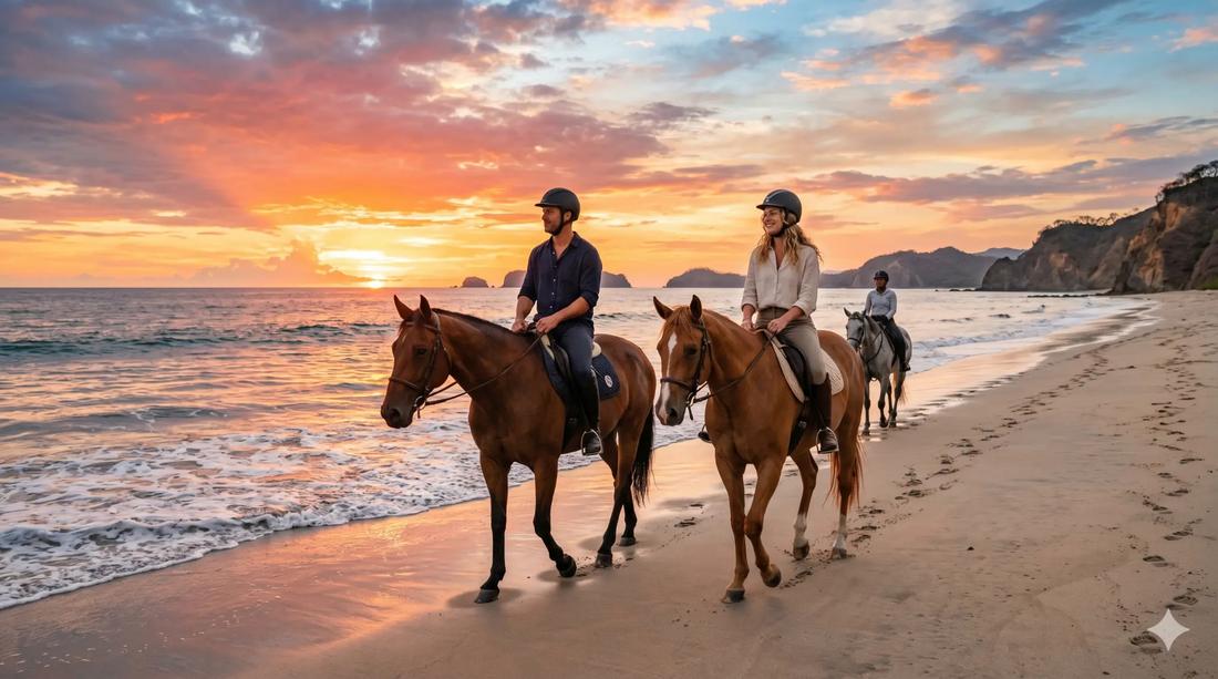 Couple on guided beach horseback ride at sunset along ocean shoreline