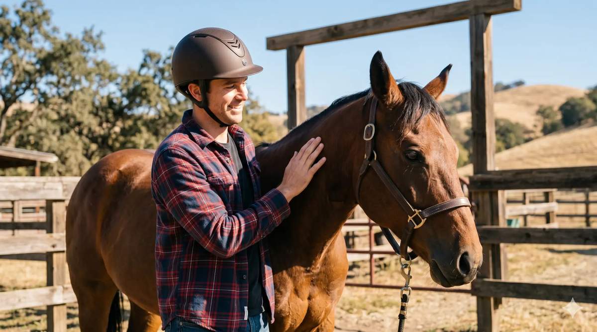 Beginner rider bonding with horse before trail ride preparation