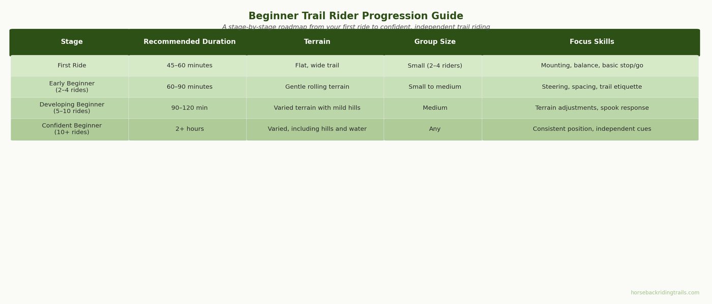 Beginner trail rider progression guide skill stages horseback riding