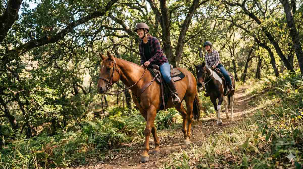 Two riders navigating wooded trail horseback riding