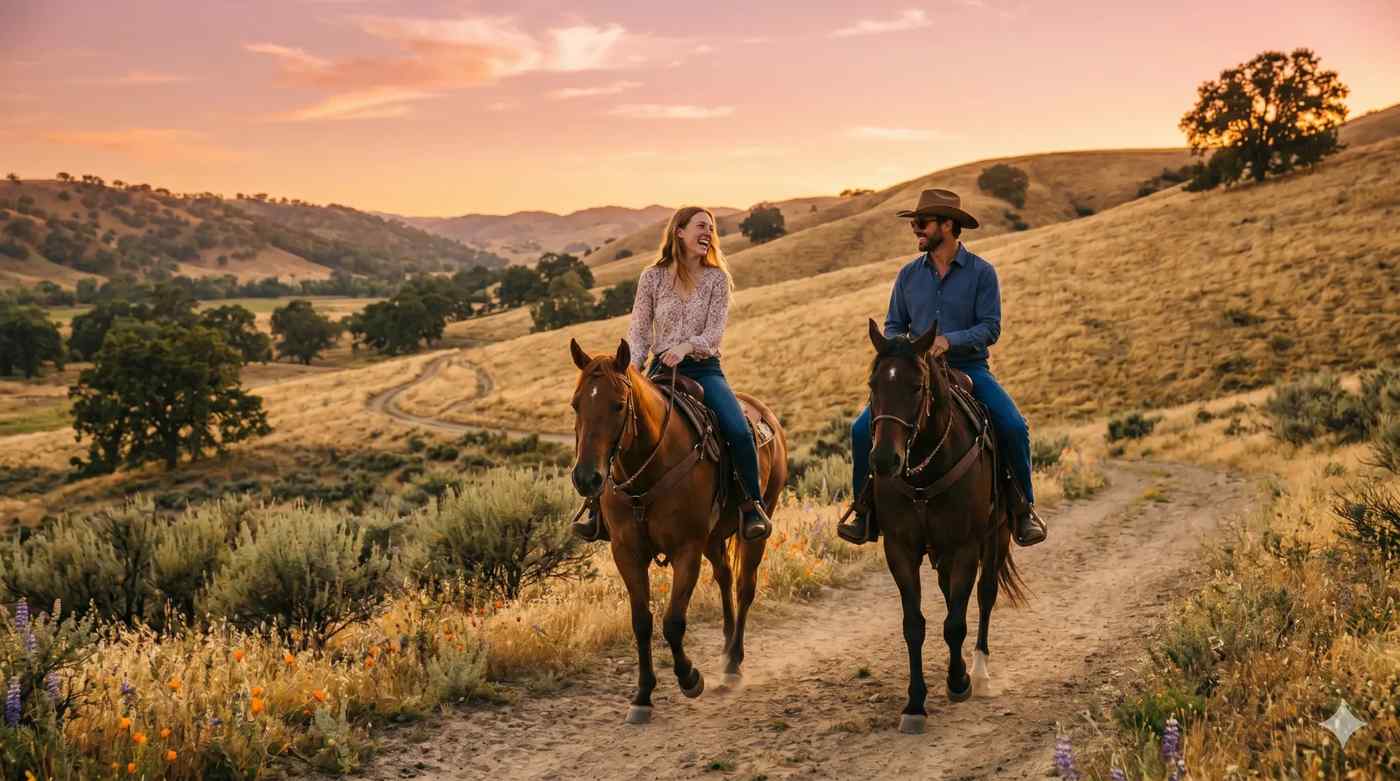 Couples horseback riding at sunset in Los Angeles — romantic trail ride through golden California hills
