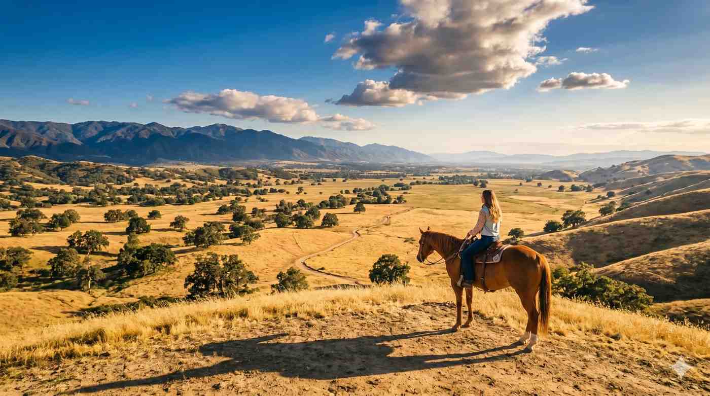 Horseback rider overlooking a scenic Southern California valley — lone rider on horseback at hilltop with mountain views