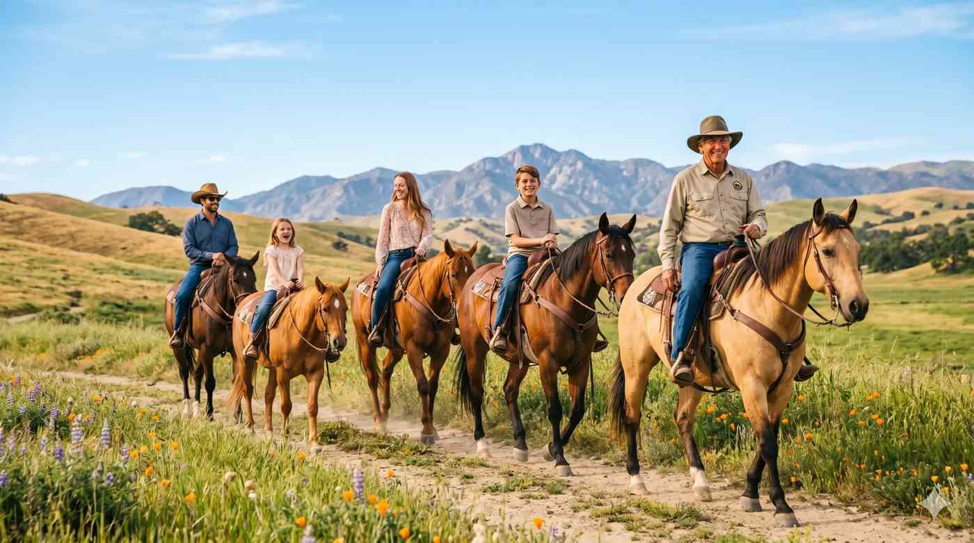 Family horseback trail ride in Santa Clarita California — parents and children riding together through wildflower meadows