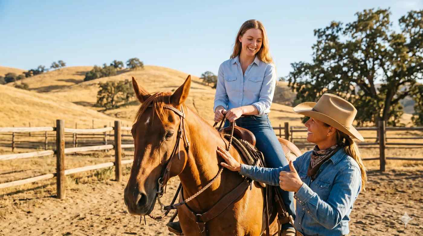 Beginner horseback riding lesson at a Southern California ranch — trail guide giving a thumbs up to a first-time rider