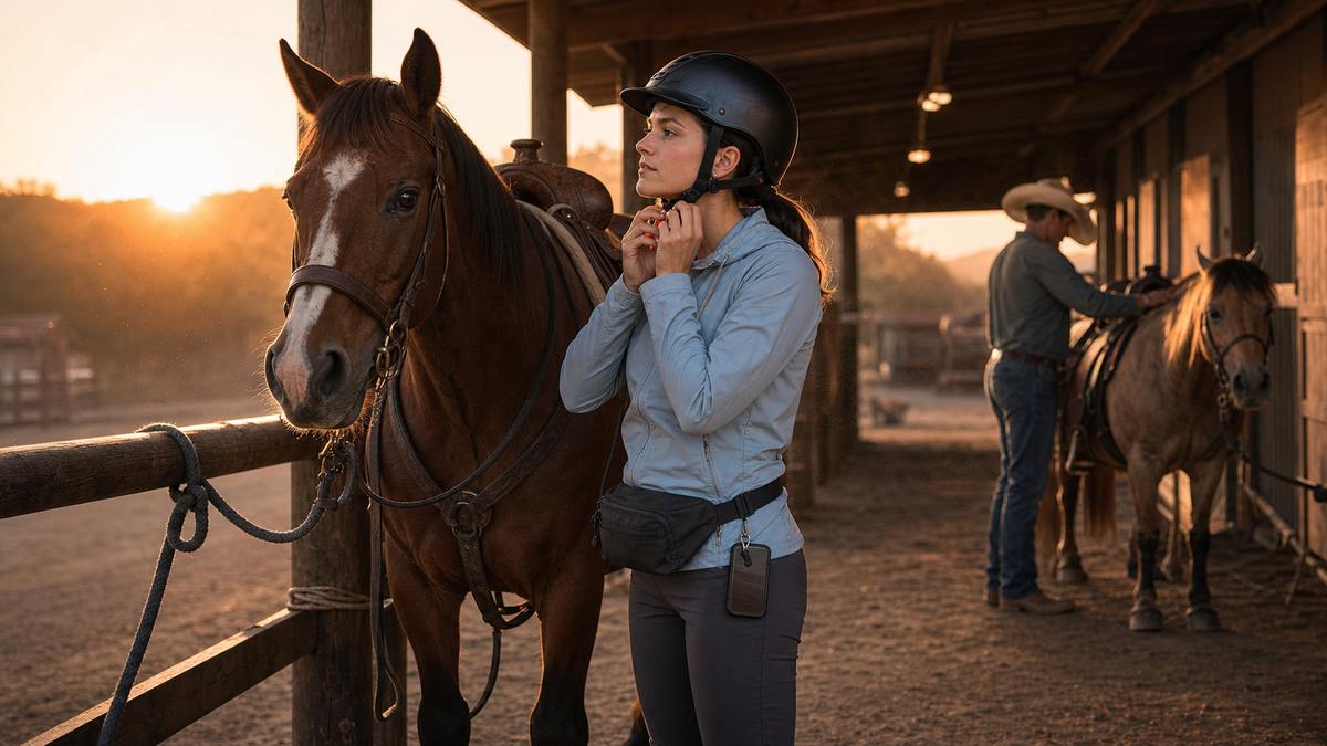 horseback riding safety helmet sunset preparation